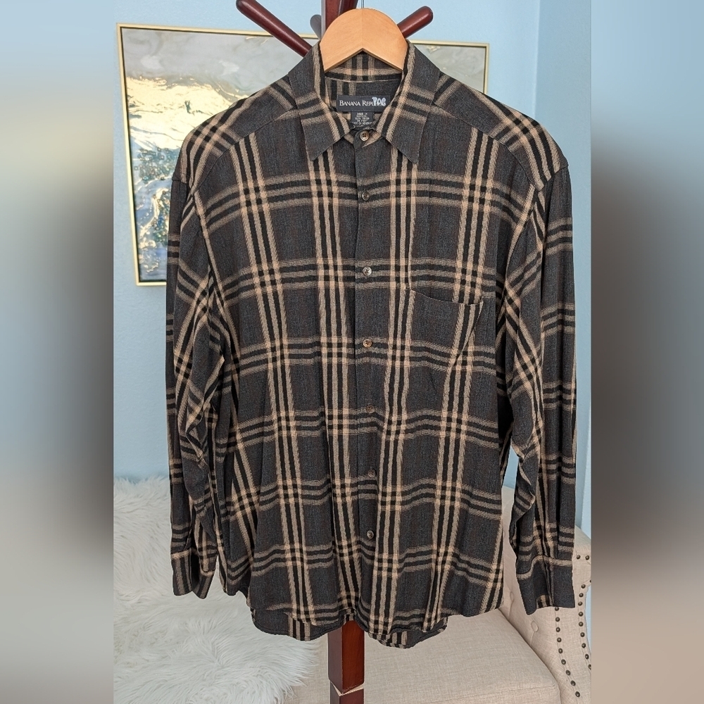 Banana Republic Black and Tan Plaid Men's Shirt Size M - Picture 5 of 9